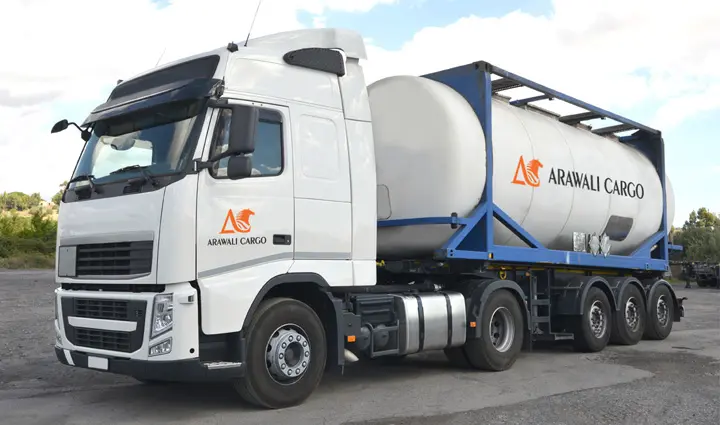 Arawali Hazardous Materials Transport L.L.C stainless steel chemical tanker truck on UAE road
